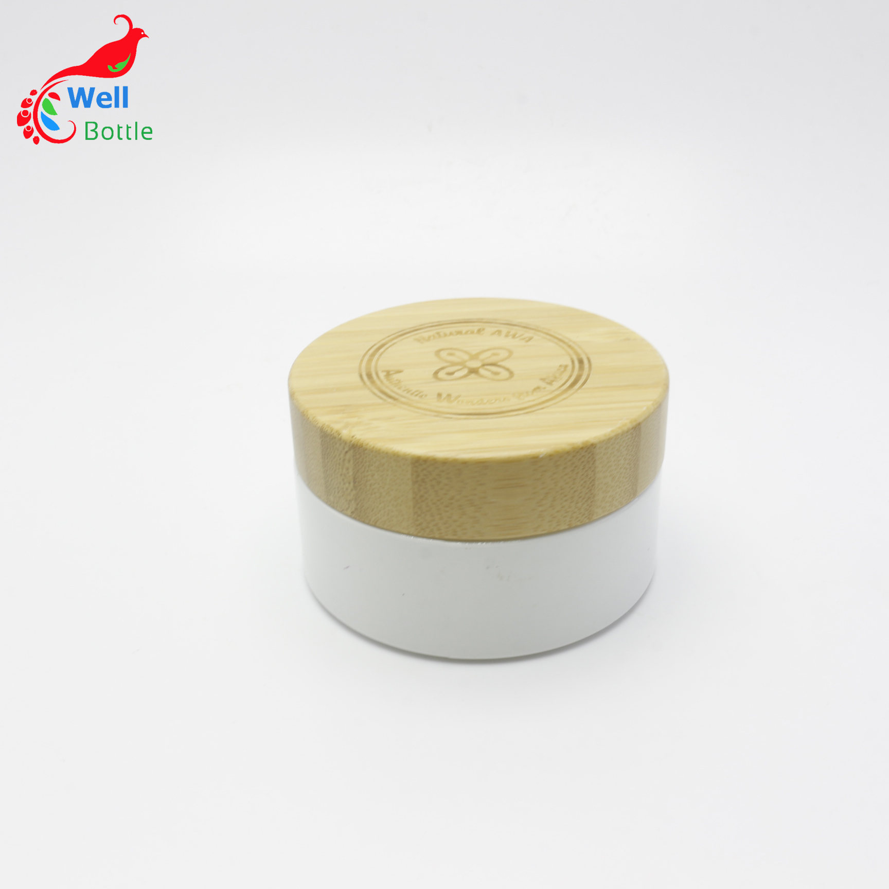 Cosmetic 100g white glass jar with bamboo wood lid for body cream J164E