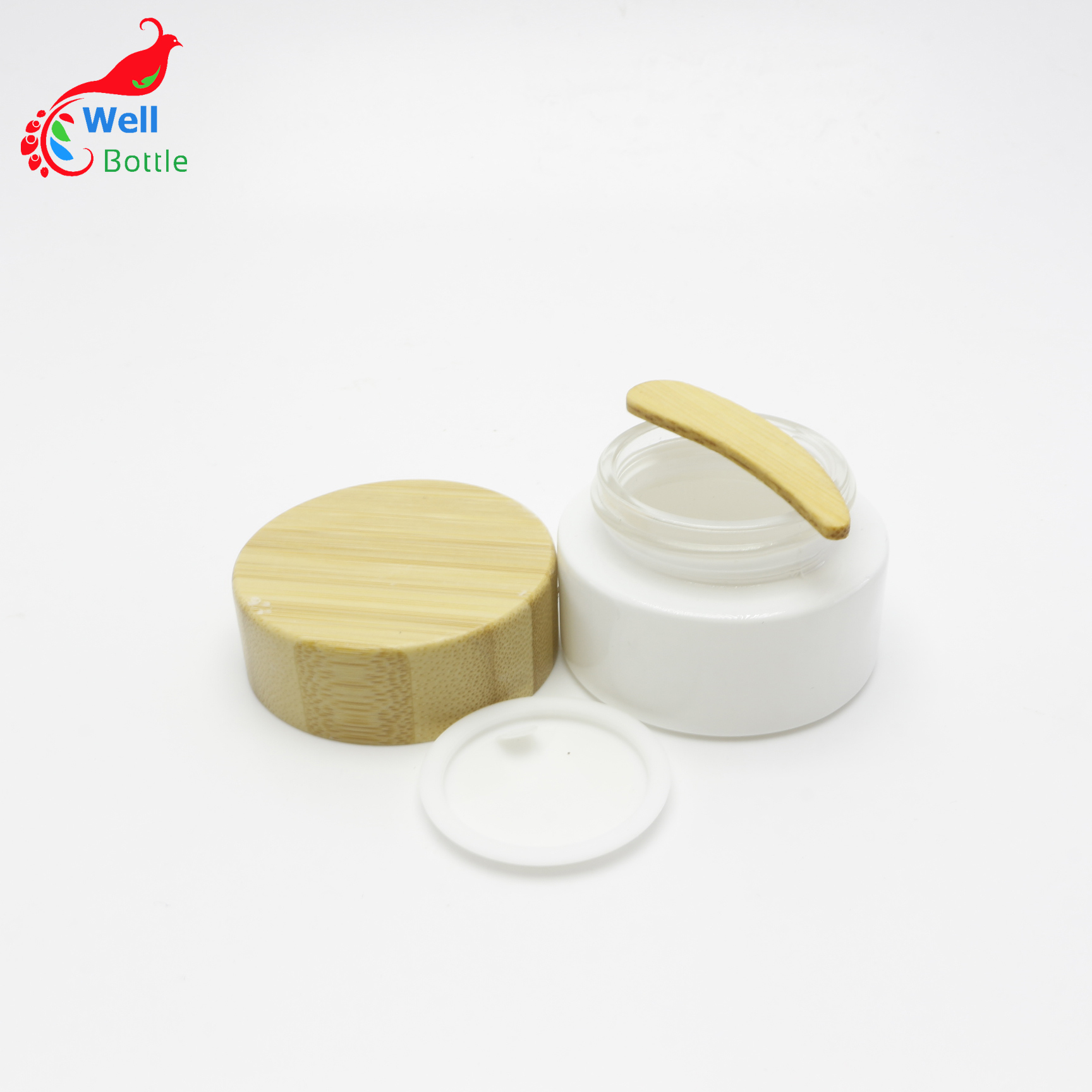 Cosmetic 100g white glass jar with bamboo wood lid for body cream J164E