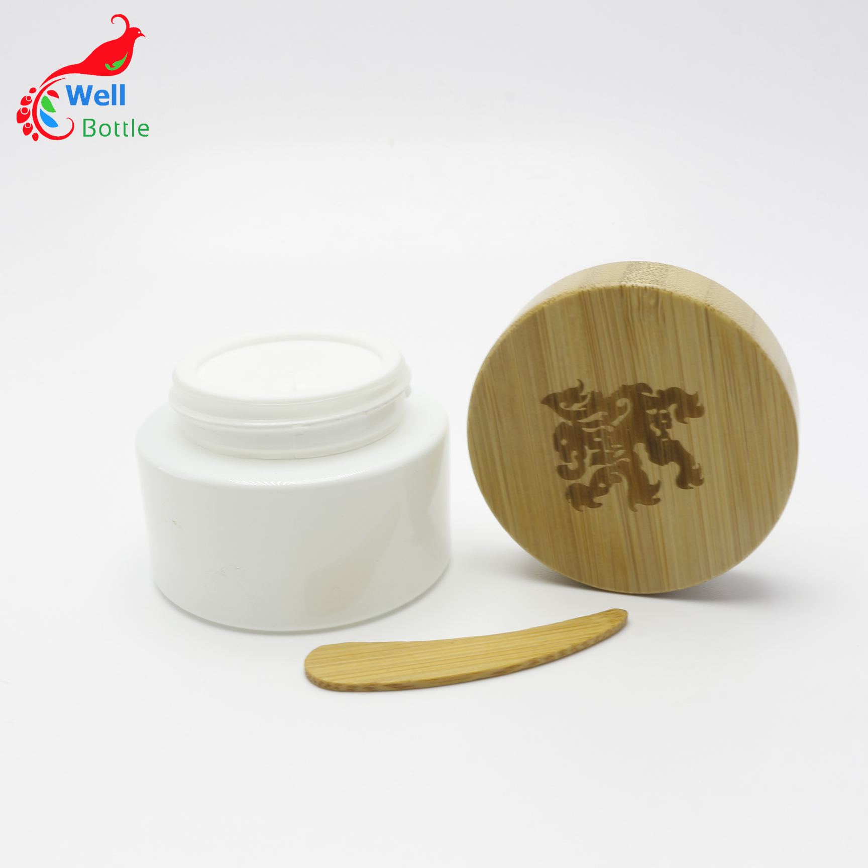 Cosmetic 100g white glass jar with bamboo wood lid for body cream J164E