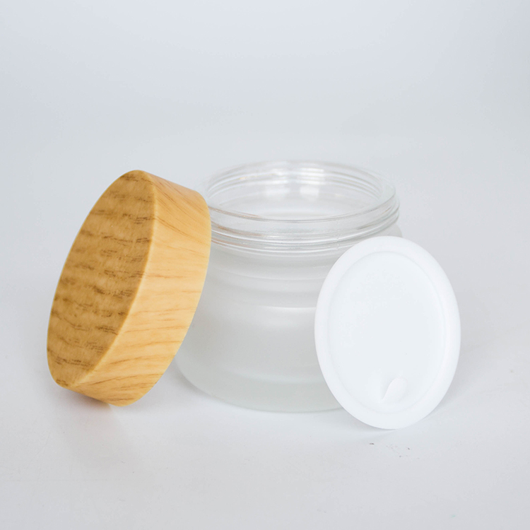 Cosmetic 100ml Clear Frosted Glass Jar Bamboo Lid With Plastic Gasket Bamboo Cream Jar