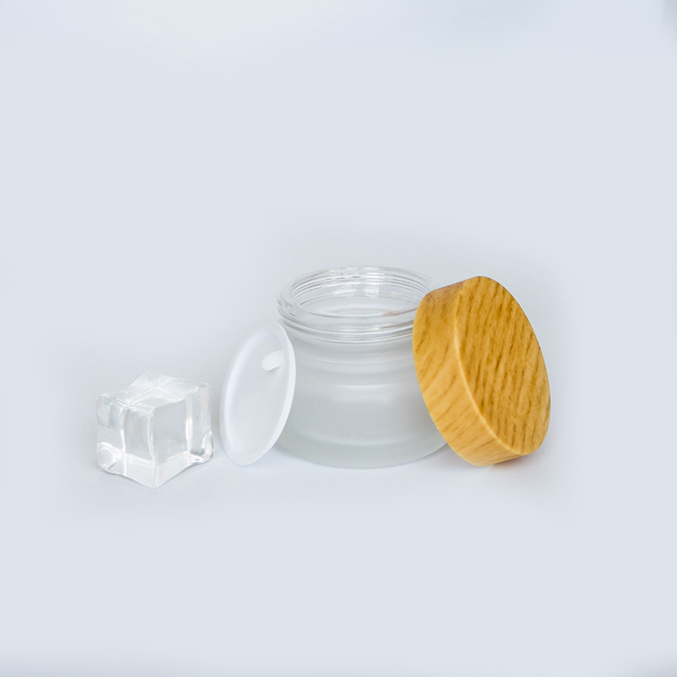 Cosmetic 100ml Clear Frosted Glass Jar Bamboo Lid With Plastic Gasket Bamboo Cream Jar