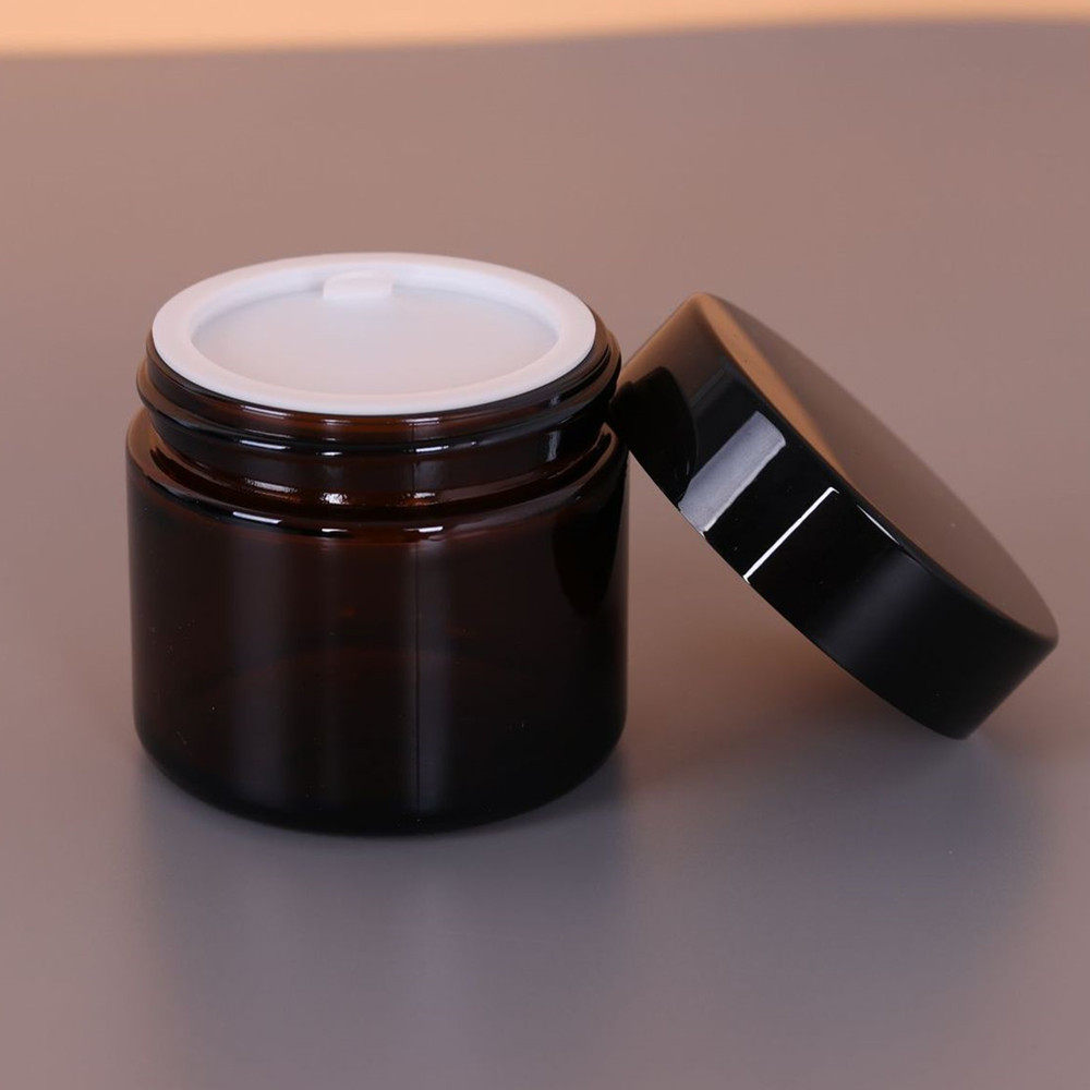 Cosmetic 15g 30g 50g packaging matte frosted amber black glass cream jar with black metal lid