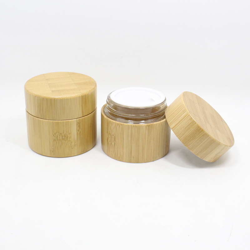 Cosmetic 15ml 30ml 50ml 100ml clear frosted glass jar bamboo lid with plastic gasket bamboo cream jar
