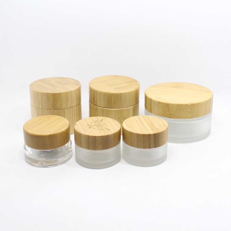 Cosmetic 15ml 30ml 50ml 100ml clear frosted glass jar bamboo lid with plastic gasket bamboo cream jar