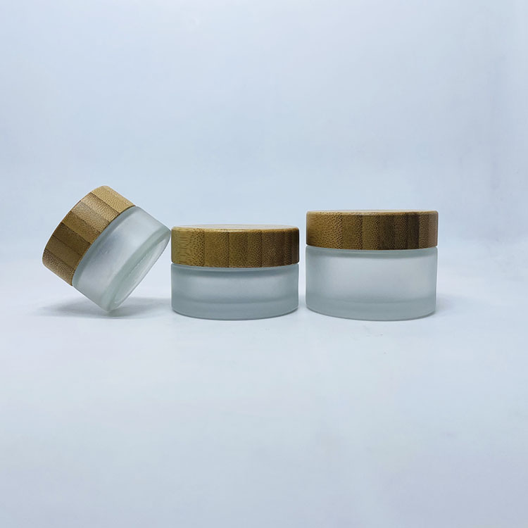 Cosmetic 30g 50g 100g clear frosted glass face cream jar with bamboo cap