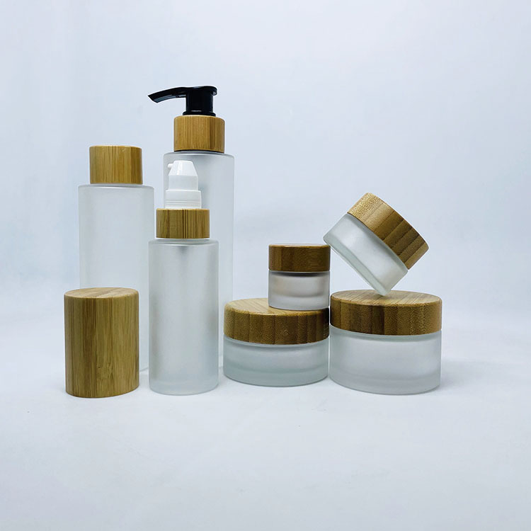 Cosmetic 30g 50g 100g clear frosted glass face cream jar with bamboo cap