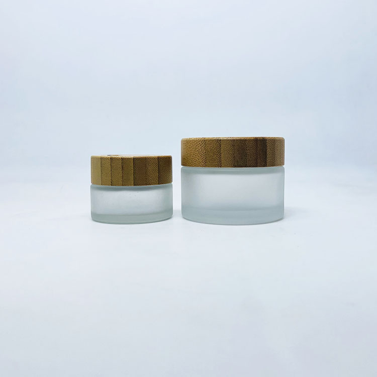 Cosmetic 30g 50g 100g clear frosted glass face cream jar with bamboo cap