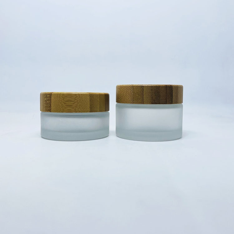 Cosmetic 30g 50g 100g clear frosted glass face cream jar with bamboo cap
