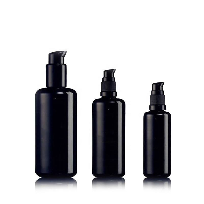 Cosmetic 30ml 50ml 60ml 100ml Dark Violet Glass Black Round Lotion Glass Bottle with Black Pump