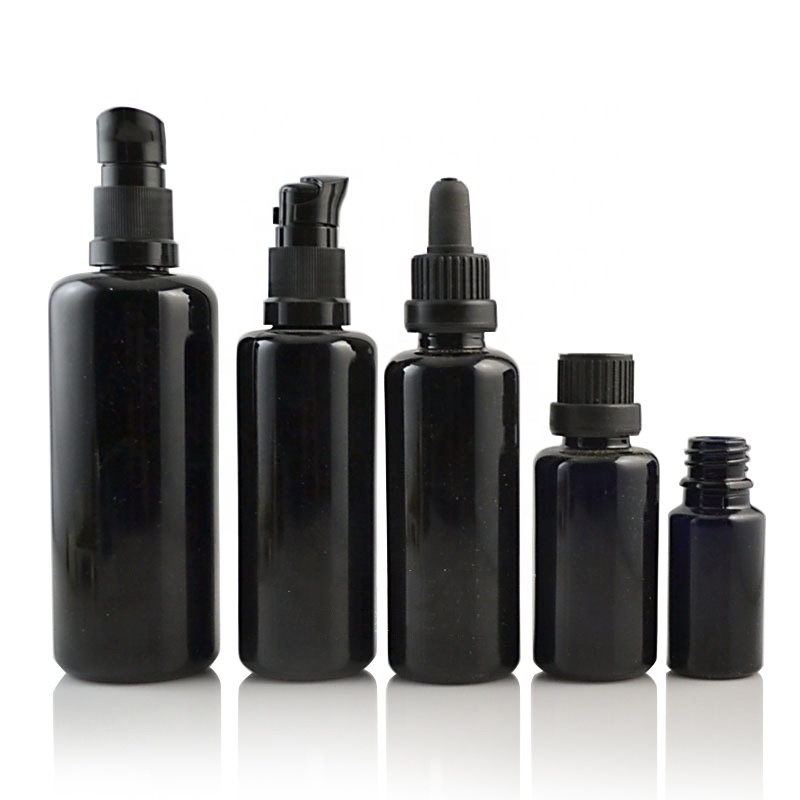 Cosmetic 30ml 50ml 60ml 100ml Dark Violet Glass Black Round Lotion Glass Bottle with Black Pump
