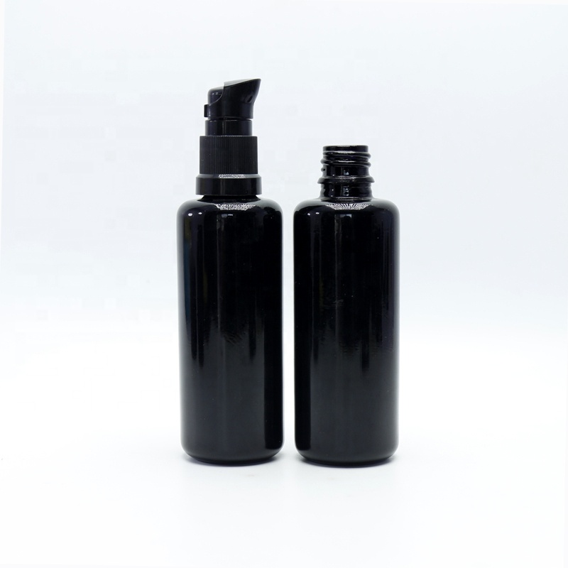 Cosmetic 30ml 50ml 60ml 100ml Dark Violet Glass Black Round Lotion Glass Bottle with Black Pump