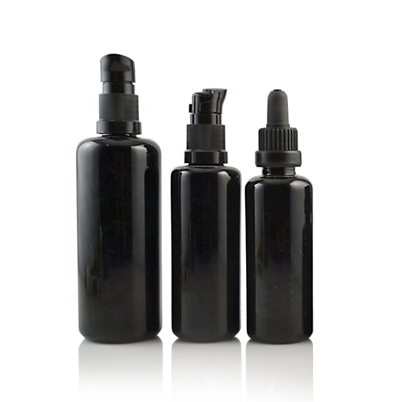 Cosmetic 30ml 50ml 60ml 100ml Dark Violet Glass Black Round Lotion Glass Bottle with Black Pump