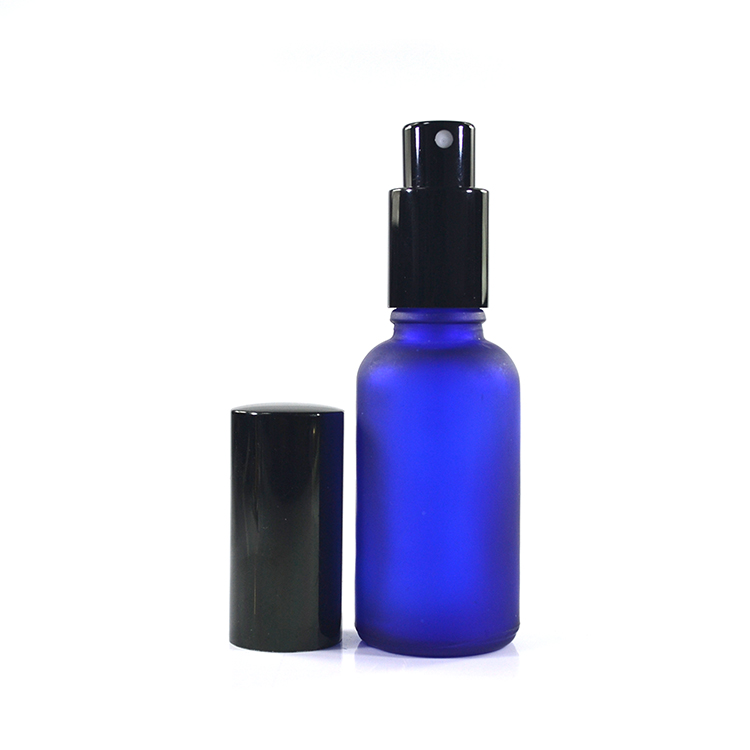 Cosmetic 30ml clear cobalt blue green amber frosted glass perfume bottle with gold silver black aluminum spray fine mist cap