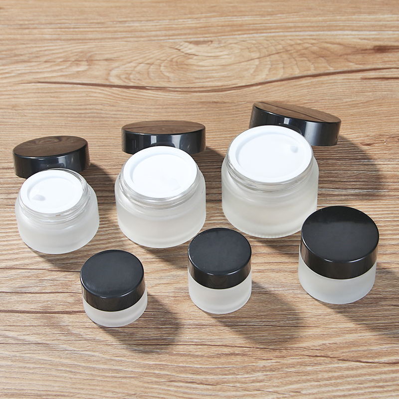 Cosmetic 5 10 15 20 30 50 100ml clear frosted glass jar with gold silver black white plastic lid for body cream