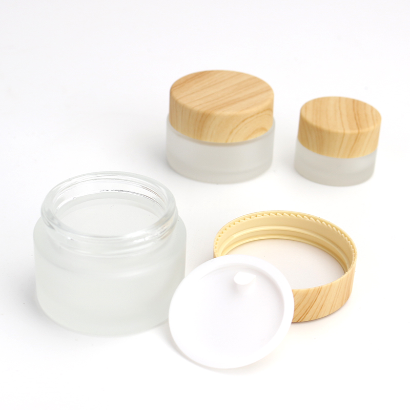 Cosmetic 5g 10g 20g 15g 30g 50g 60g clear frosted glass jar bamboo wood grain plastic cover with inner for cream