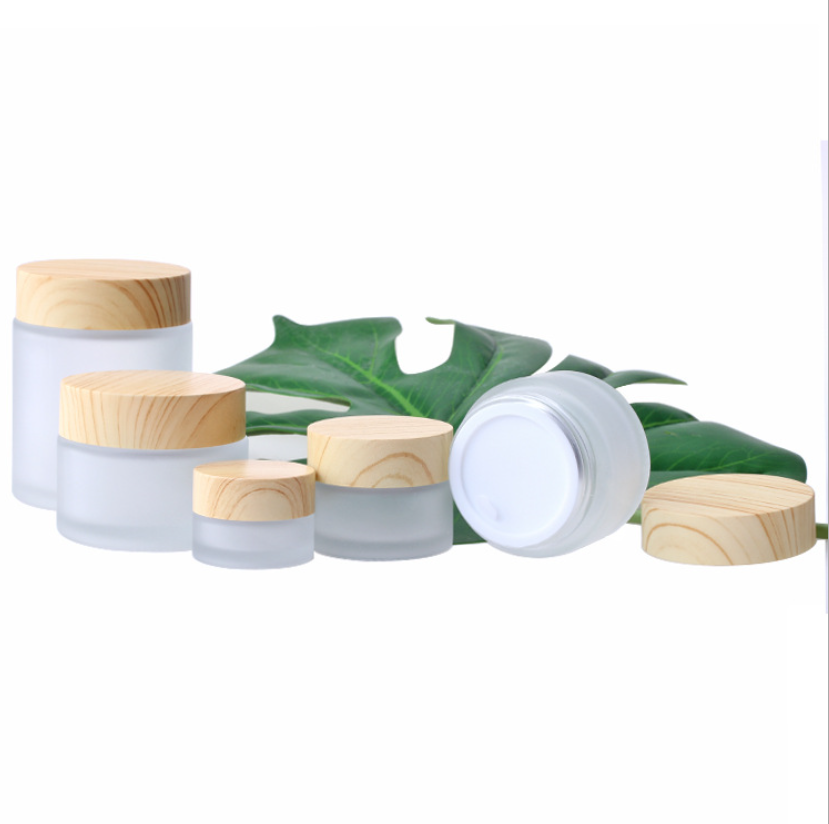 Cosmetic 5ml 10ml 15ml 20ml 30ml 50ml 100ml clear frosted glass jar with bamboo wood lid for body cream