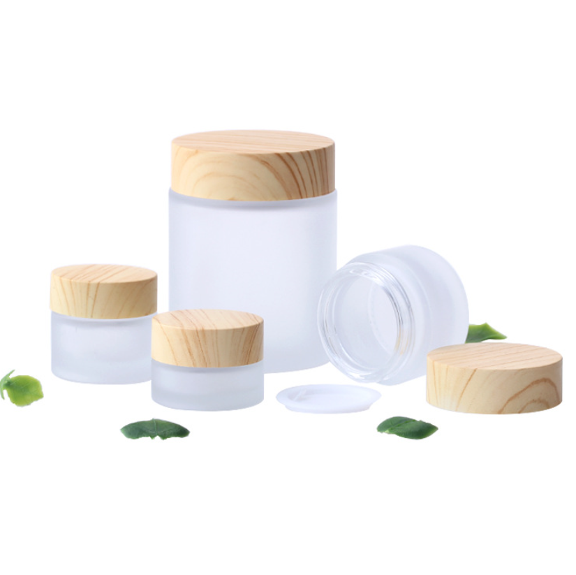Cosmetic 5ml 10ml 15ml 20ml 30ml 50ml 100ml clear frosted glass jar with bamboo wood lid for body cream