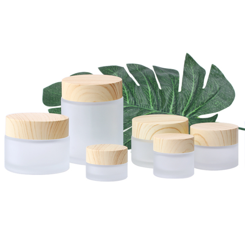 Cosmetic 5ml 10ml 15ml 20ml 30ml 50ml 100ml clear frosted glass jar with bamboo wood lid for body cream