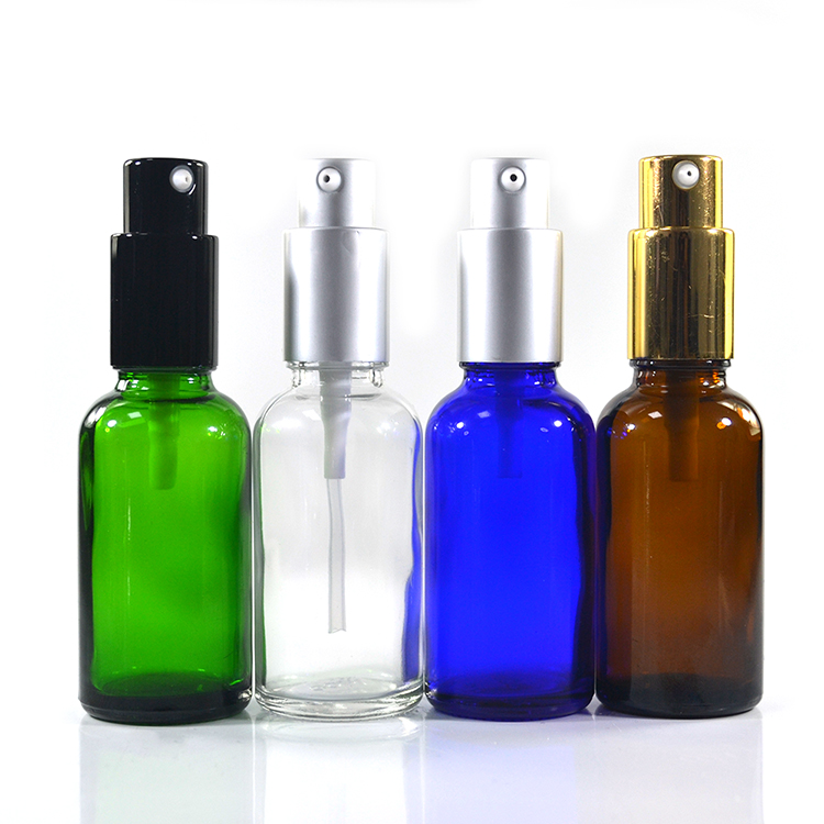 Cosmetic 5ml 10ml 15ml 30ml 50ml 100ml green clear cobalt blue amber soap foam glass bottle with treatment lotion pump cap