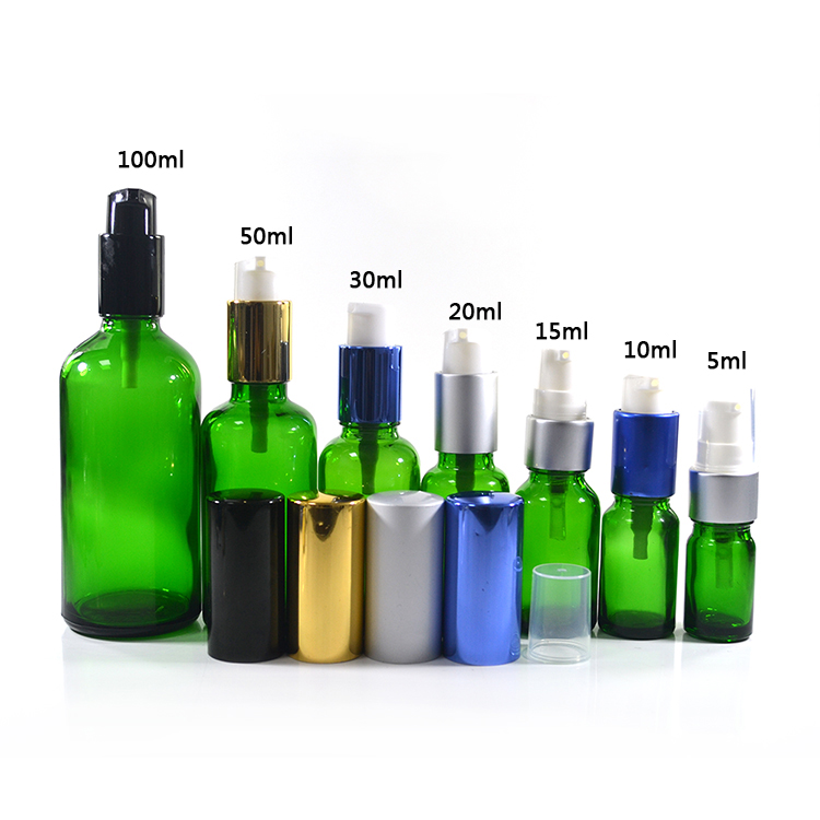 Cosmetic 5ml 10ml 15ml 30ml 50ml 100ml green clear cobalt blue amber soap foam glass bottle with treatment lotion pump cap