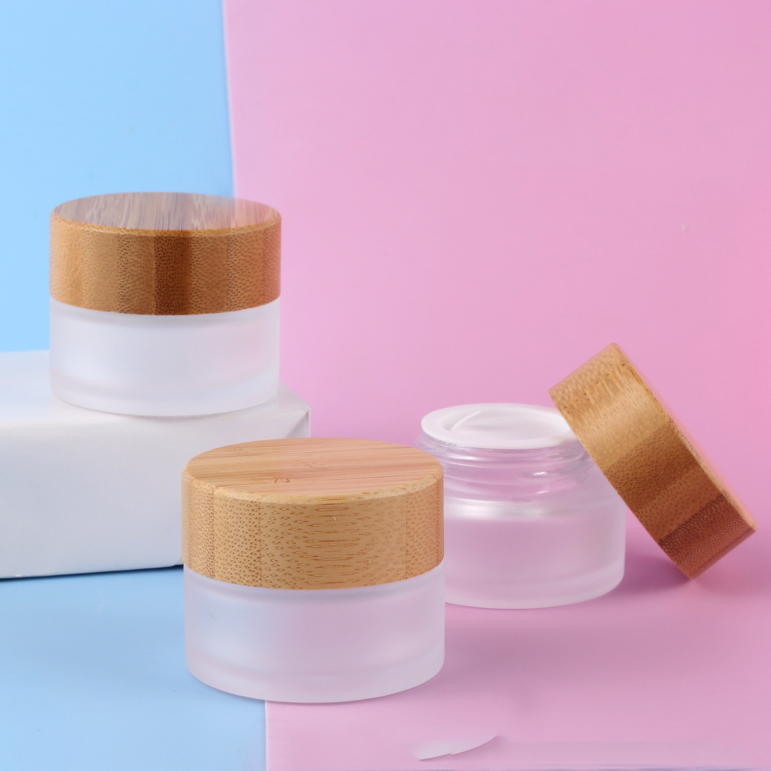 Cosmetic 5ml 15ml 30ml 50ml 100ml clear frosted Bamboo Lid Frosted Glass Bottle Cream Jars