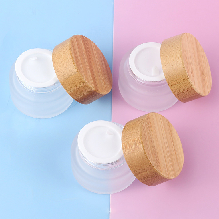 Cosmetic 5ml 15ml 30ml 50ml 100ml clear frosted Bamboo Lid Frosted Glass Bottle Cream Jars