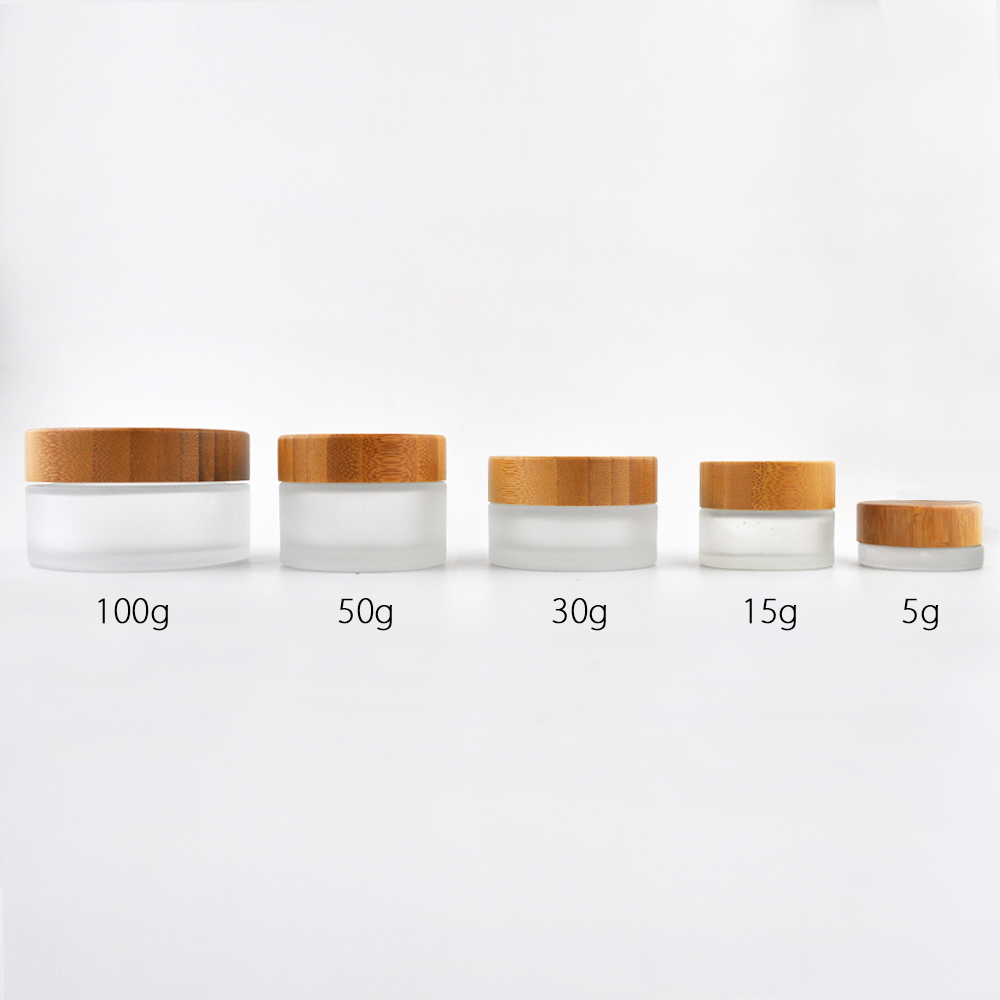 Cosmetic 5ml 15ml 30ml 50ml 100ml clear frosted glass jar bamboo lid with plastic gasket bamboo cream jar