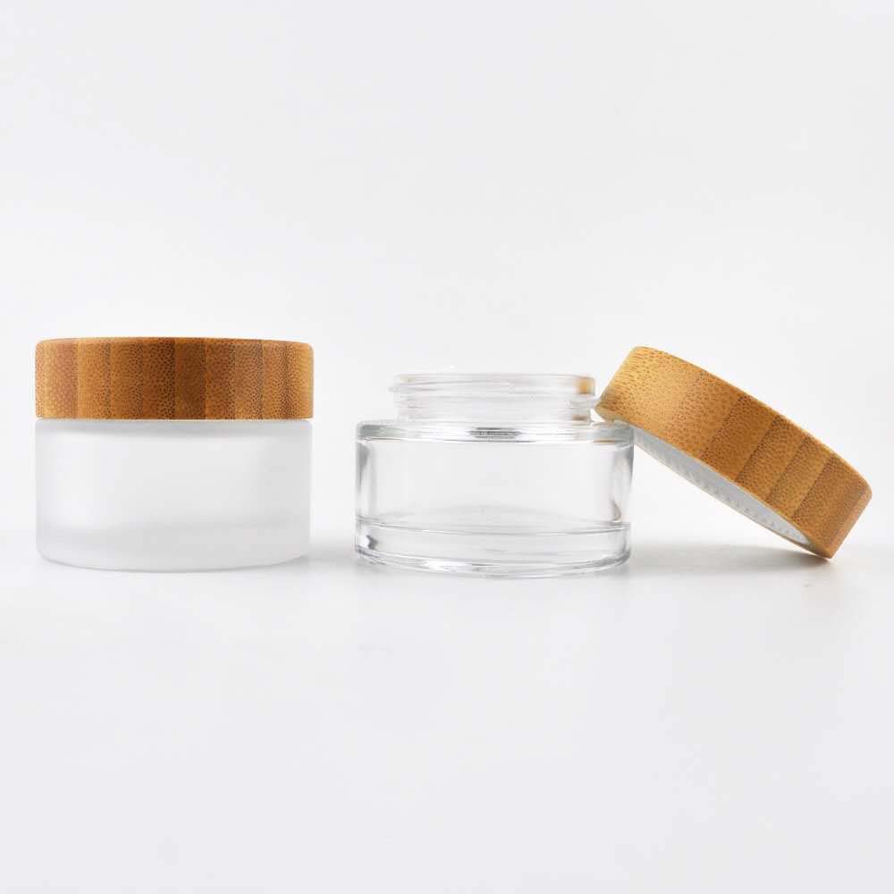 Cosmetic 5ml 15ml 30ml 50ml 100ml clear frosted glass jar with bamboo wood lid for body cream