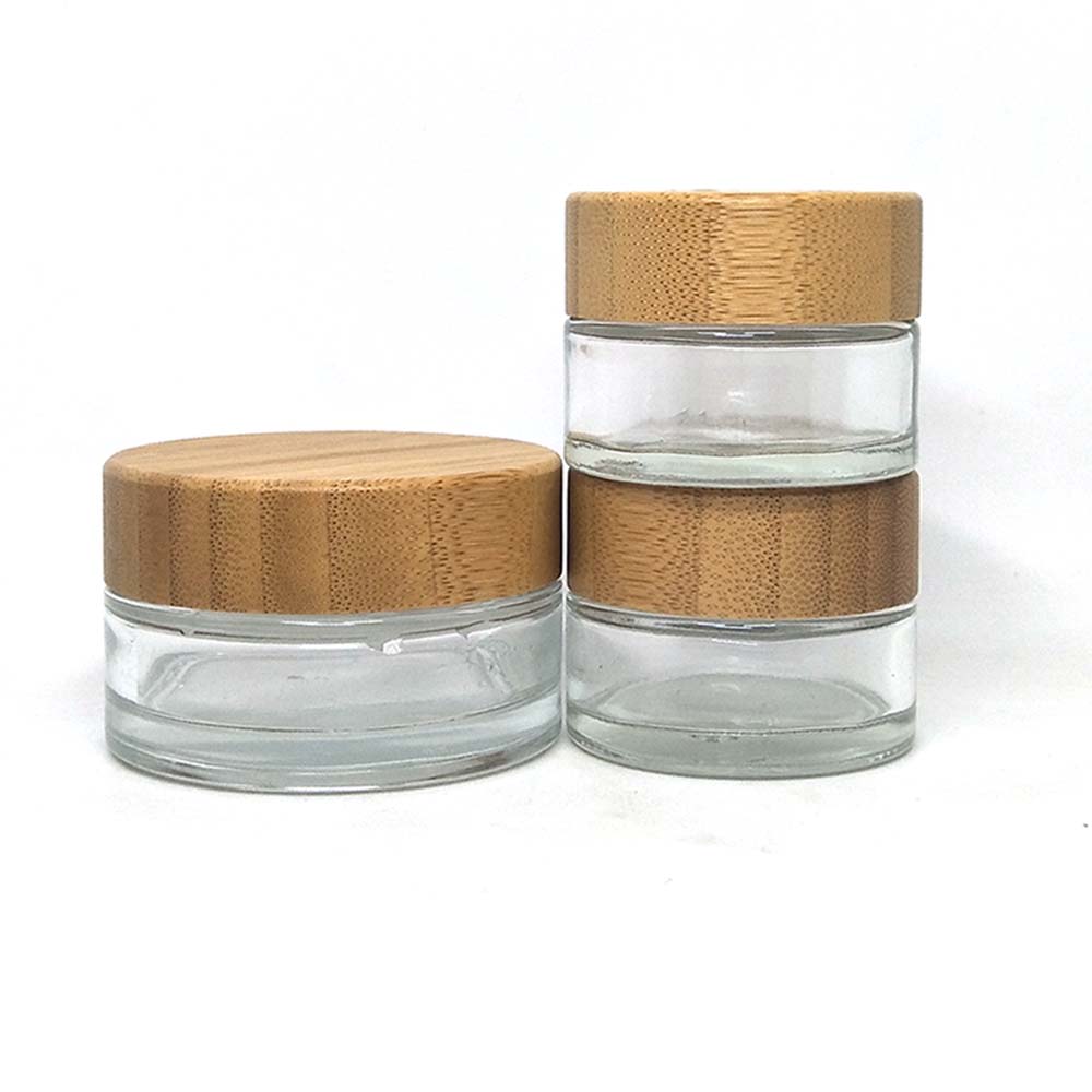 Cosmetic 5ml 15ml 30ml 50ml 100ml clear glass jar with bamboo wood lid for body cream