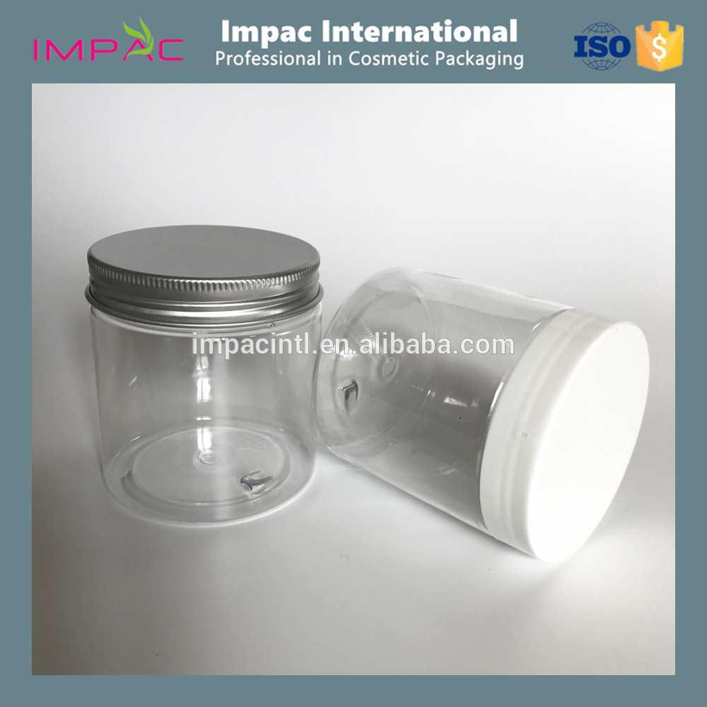 Cosmetic 8oz clear PET plastic jar with aluminum foil seal for body scrub