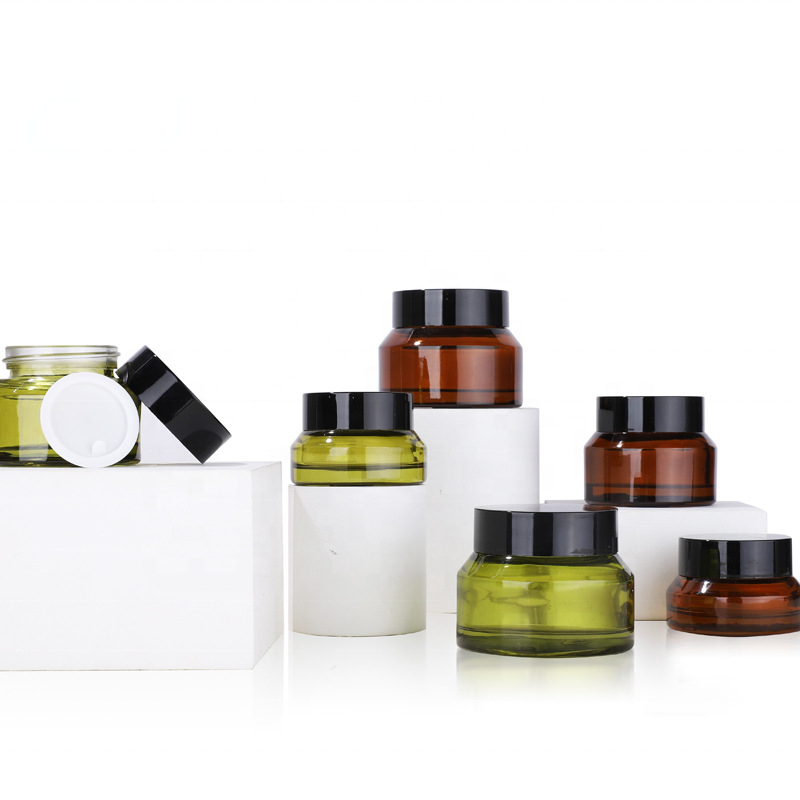 Cosmetic Amber Glass Round Jars Face cream Lotion Jar 15g 30g 50g With White Inner Liners And black Lids