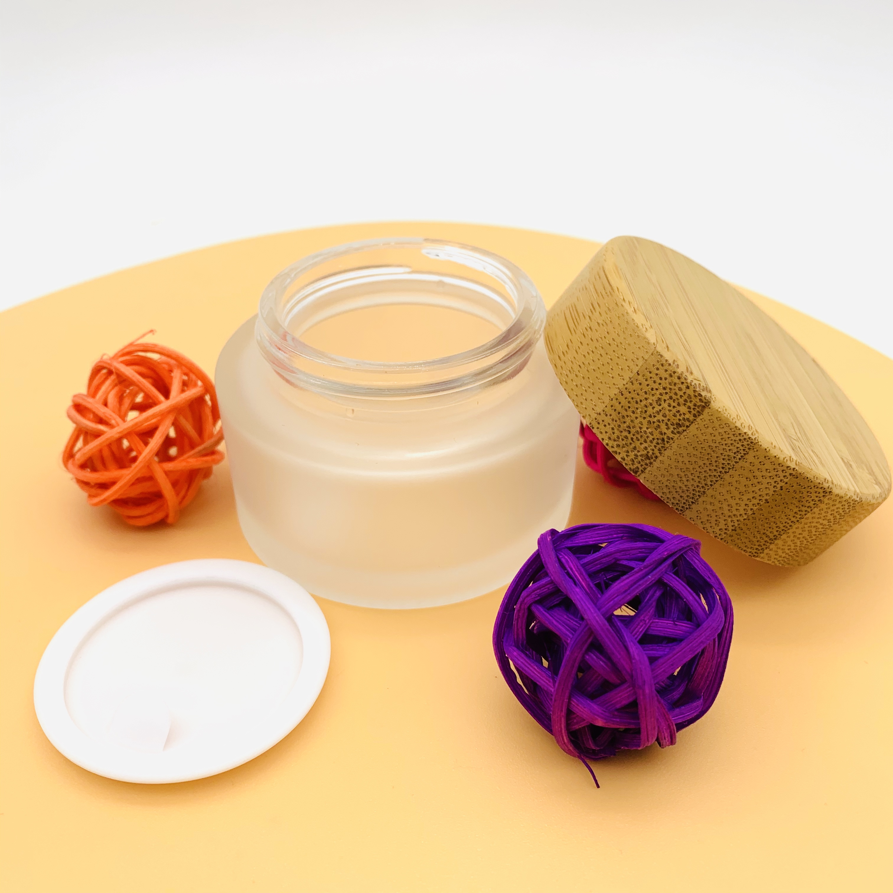 Cosmetic Bamboo Container 50g Glass Cream Jar Frosted Glass Jar