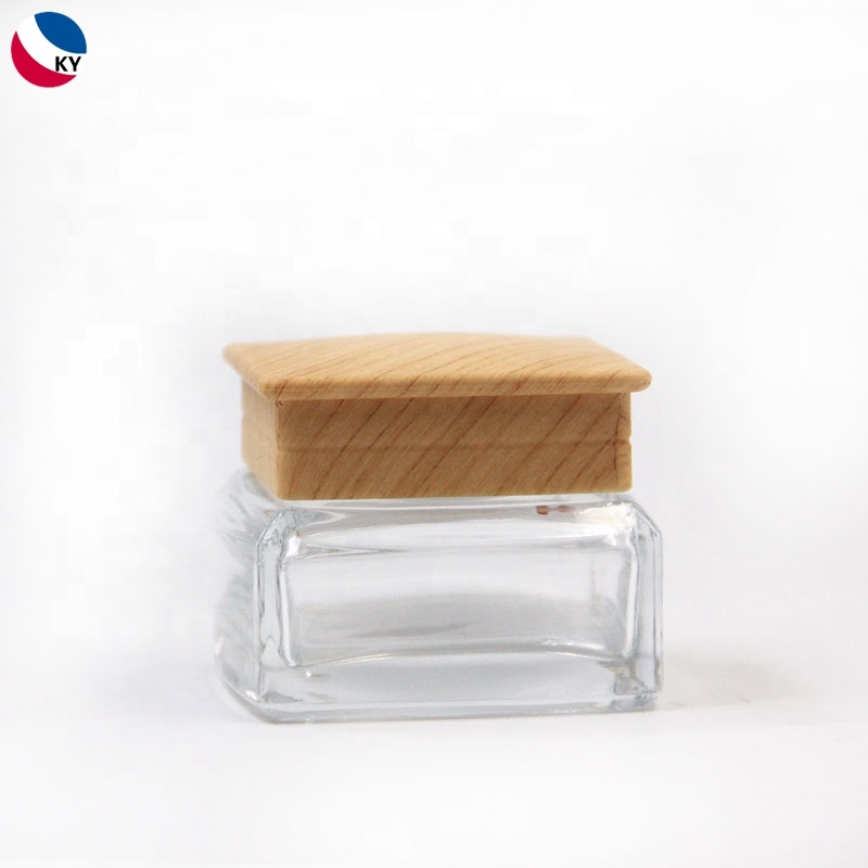 Cosmetic Cream Container Square Glass Jars With Plastic Lid Wooden Color