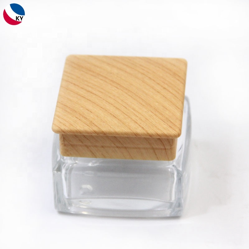 Cosmetic Cream Container Square Glass Jars With Plastic Lid Wooden Color