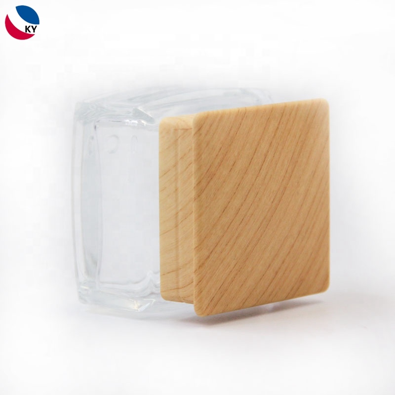Cosmetic Cream Container Square Glass Jars With Plastic Lid Wooden Color