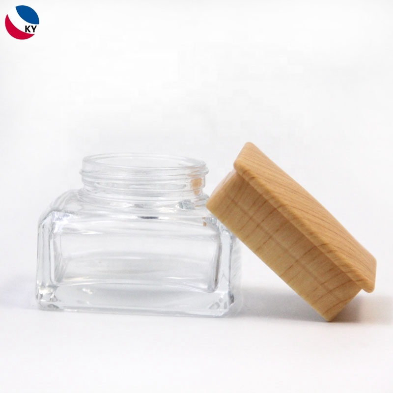 Cosmetic Cream Container Square Glass Jars With Plastic Lid Wooden Color