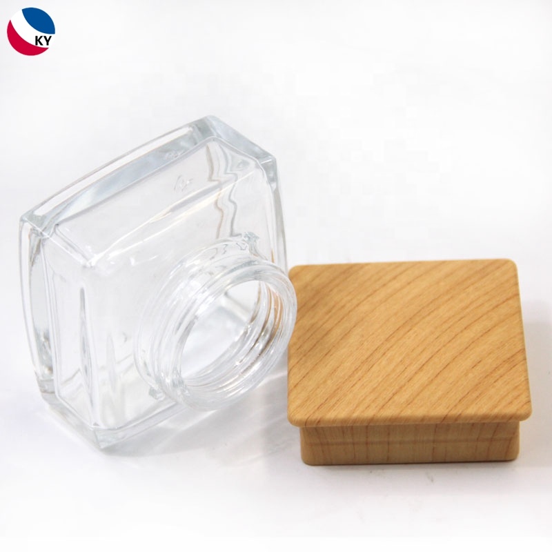 Cosmetic Cream Container Square Glass Jars With Plastic Lid Wooden Color
