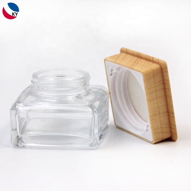 Cosmetic Cream Container Square Glass Jars With Plastic Lid Wooden Color