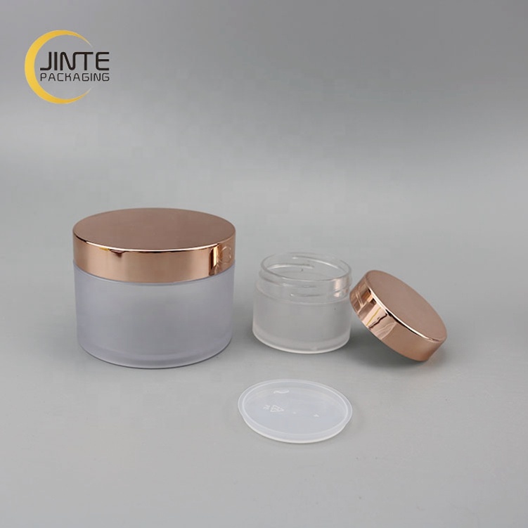 Cosmetic Empty Cream Packaging 50g Body Lip Scrub PETG Jar Frosted Cometic Jar with Shiny Rose Gold Cap