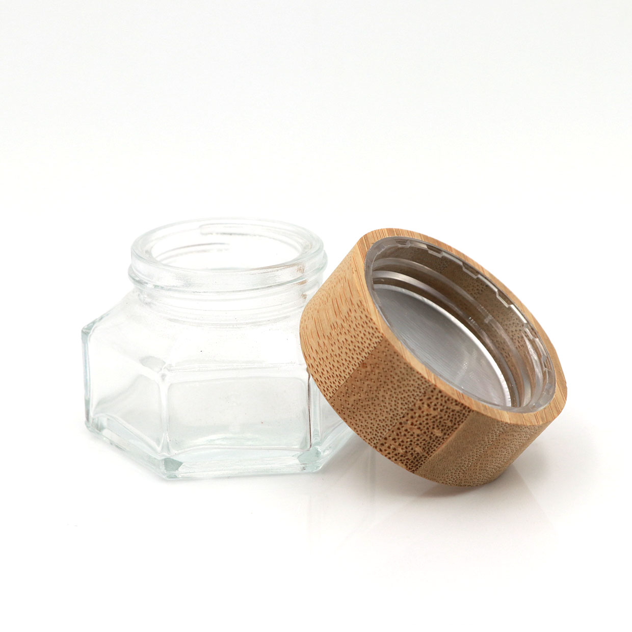 Cosmetic Glass Packaging Hexagonal Glass Jar Cream Container With Bamboo Lid