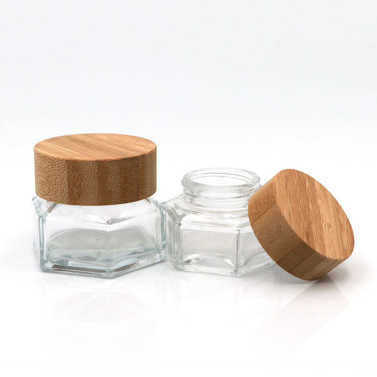 Cosmetic Glass Packaging Hexagonal Glass Jar Cream Container With Bamboo Lid