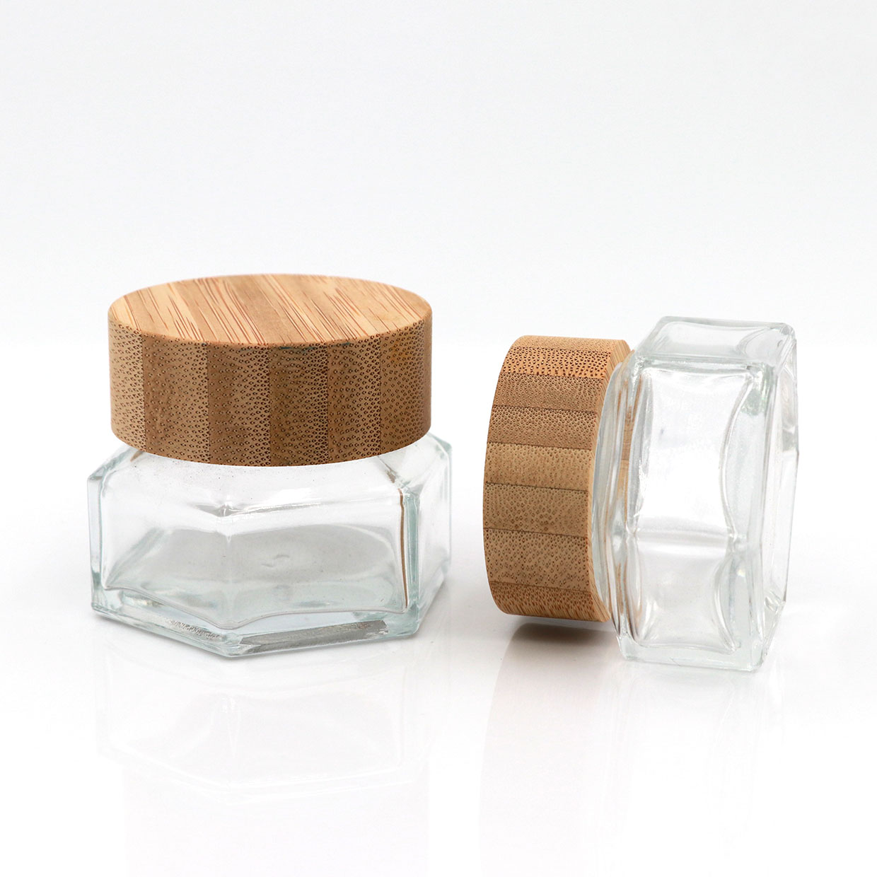 Cosmetic Glass Packaging Hexagonal Glass Jar Cream Container With Bamboo Lid