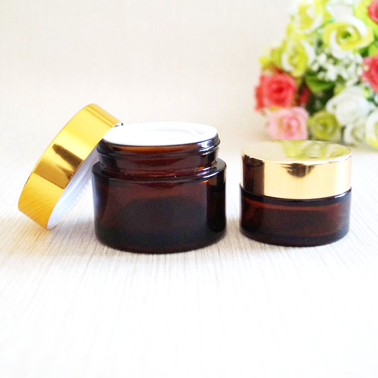 Cosmetic Jar Brown Amber Glass with Golden Lid Skin Care Cream Pot Cosmetique 15g 30g 50g Aluminum