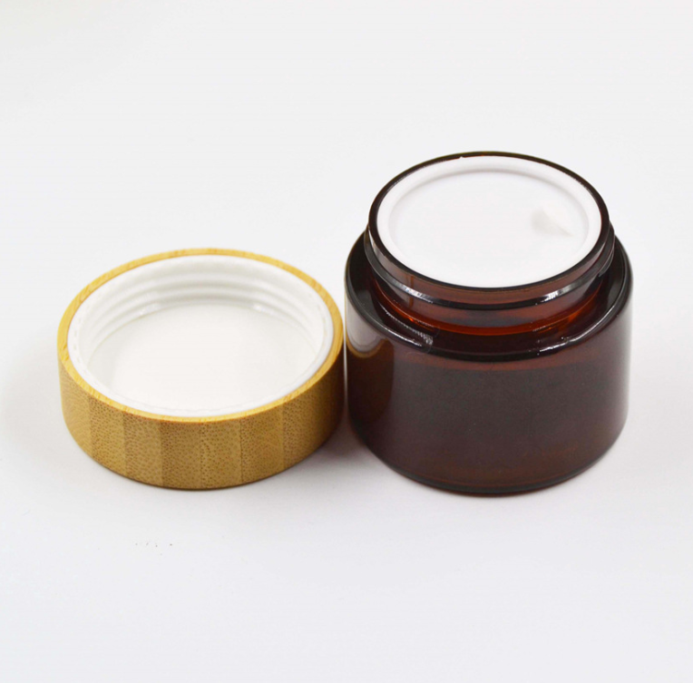 Cosmetic Jar with Wood Cap 30ml Amber Glass Jar with Bamboo Lid for Cream