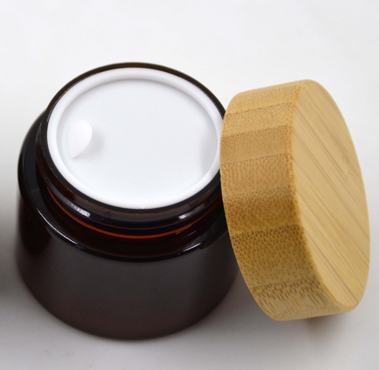 Cosmetic Jar with Wood Cap 30ml Amber Glass Jar with Bamboo Lid for Cream