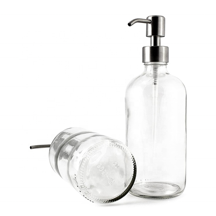 Cosmetic Liquid Soap Foam Boston Round Clear 16oz Glass Bottle 500ml With Pump Spray