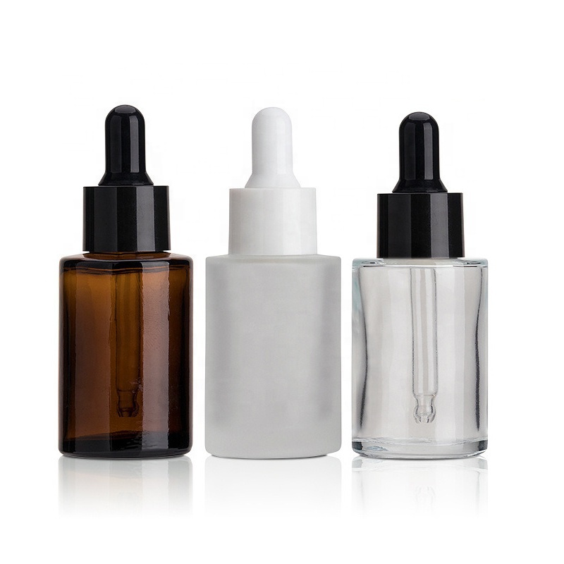 Cosmetic Matt 20ml 30ml 40ml flat shoulder frosted clear glass dropper bottle for essential oil