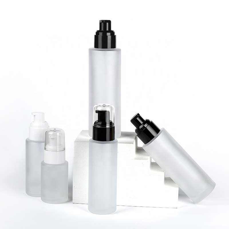 Cosmetic Packaging 20ml 30ml 50ml 100ml 120ml empty serum frosted clear flat shoulder glass bottle with plastic pump lotion cap