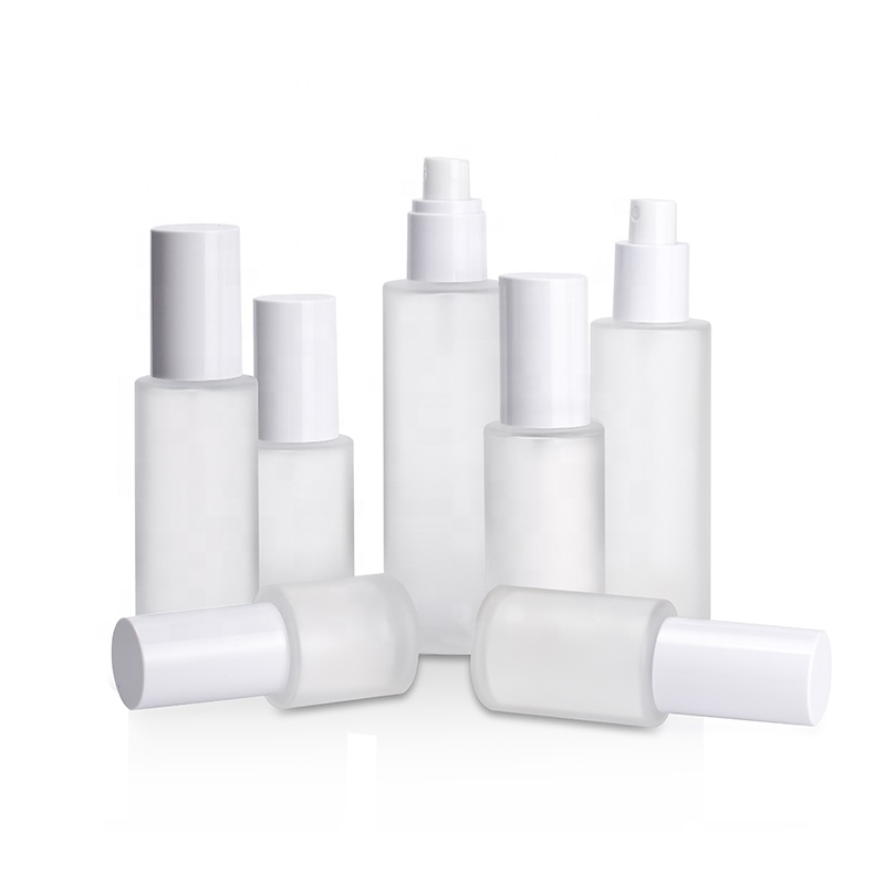 Cosmetic Packaging 20ml 30ml 50ml 100ml 120ml empty serum frosted clear flat shoulder glass bottle with plastic pump lotion cap