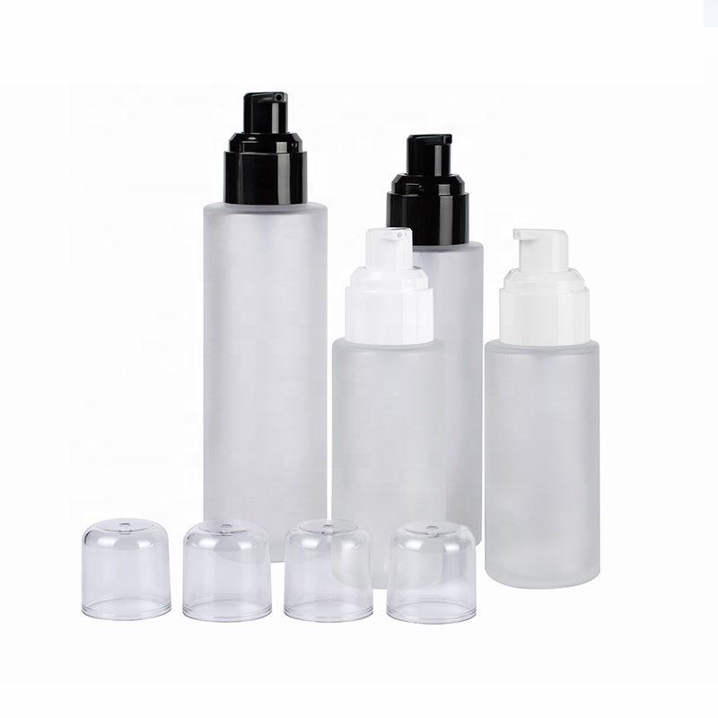 Cosmetic Packaging 20ml 30ml 50ml 100ml 120ml empty serum frosted clear flat shoulder glass bottle with plastic pump lotion cap